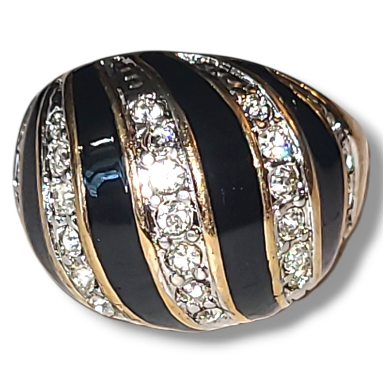 Vintage 18k Hge Black Enamel Clear Cz Dome Cocktail Ring Gold Tone Statement Sz5